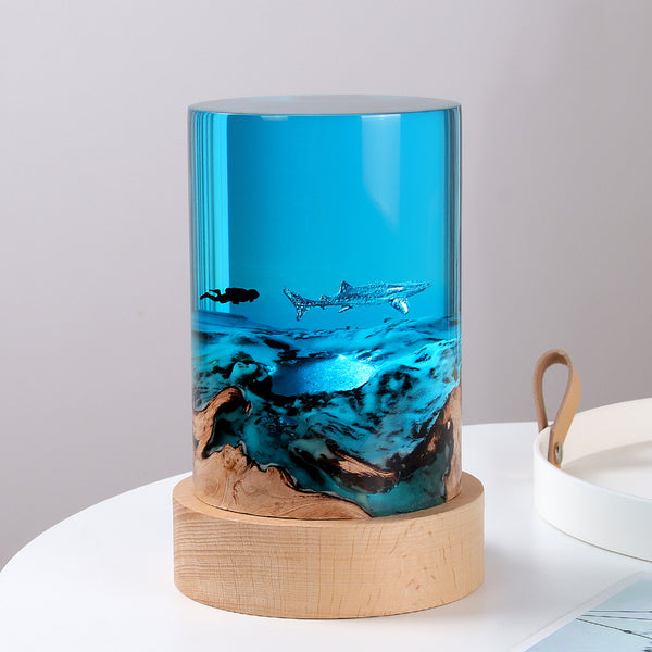 Homemade Wood & Resin Lamp light with whale and the diver. Made for parashuteHome