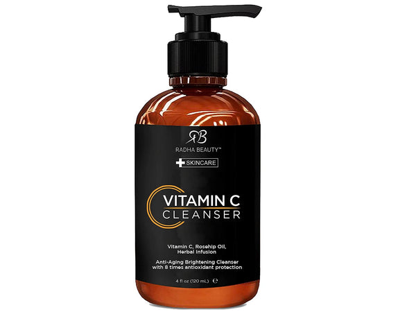 Radha Beauty Vitamin C Facial Cleanser, 4 fl. oz - Clear Pores on Oily, Dry & Sensitive Skin, Anti-Aging Herbal Infusion for 8 Times Antioxidant Protection, By Radha Beauty.
