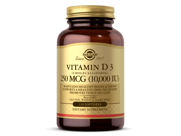VITAMIN D3 (CHOLECALCIFEROL) 250 MCG (10,000 IU) SOFTGELS. Non-GMO, Gluten-Free, Dairy-Free. Solgar